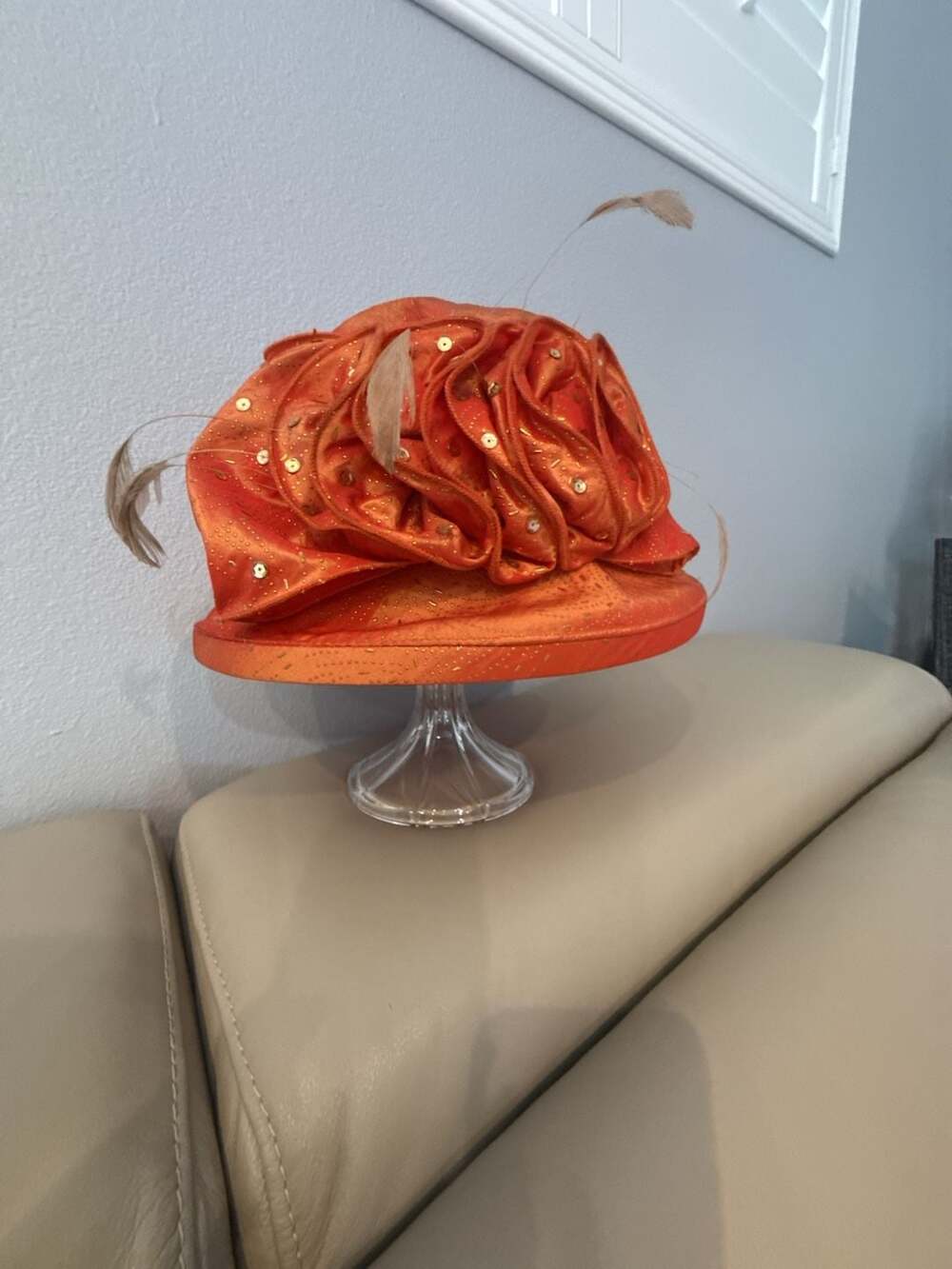 Whittall & Shon Orange Beaded Feather Church Hat